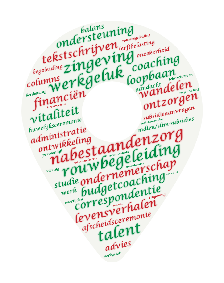 woordenwolk balans ondersteuning tekstschrijven zingeving werkgeluk rouwbegeleiding begeleiding zingeving erfbelasting onzekerheid columns werkgeluk coaching loopbaan herdenking financiën aandacht vitaliteit wandelen ontzorgen huwelijksceremonie subsidieaanvragen administratie ontwikkeling SLIM-subsidies persoonlijk nabestaandenzorg viering studie ondernemerschap werk budgetcoaching overlijden correspondentie levensverhalen afscheidsceremonie talent advies carrière